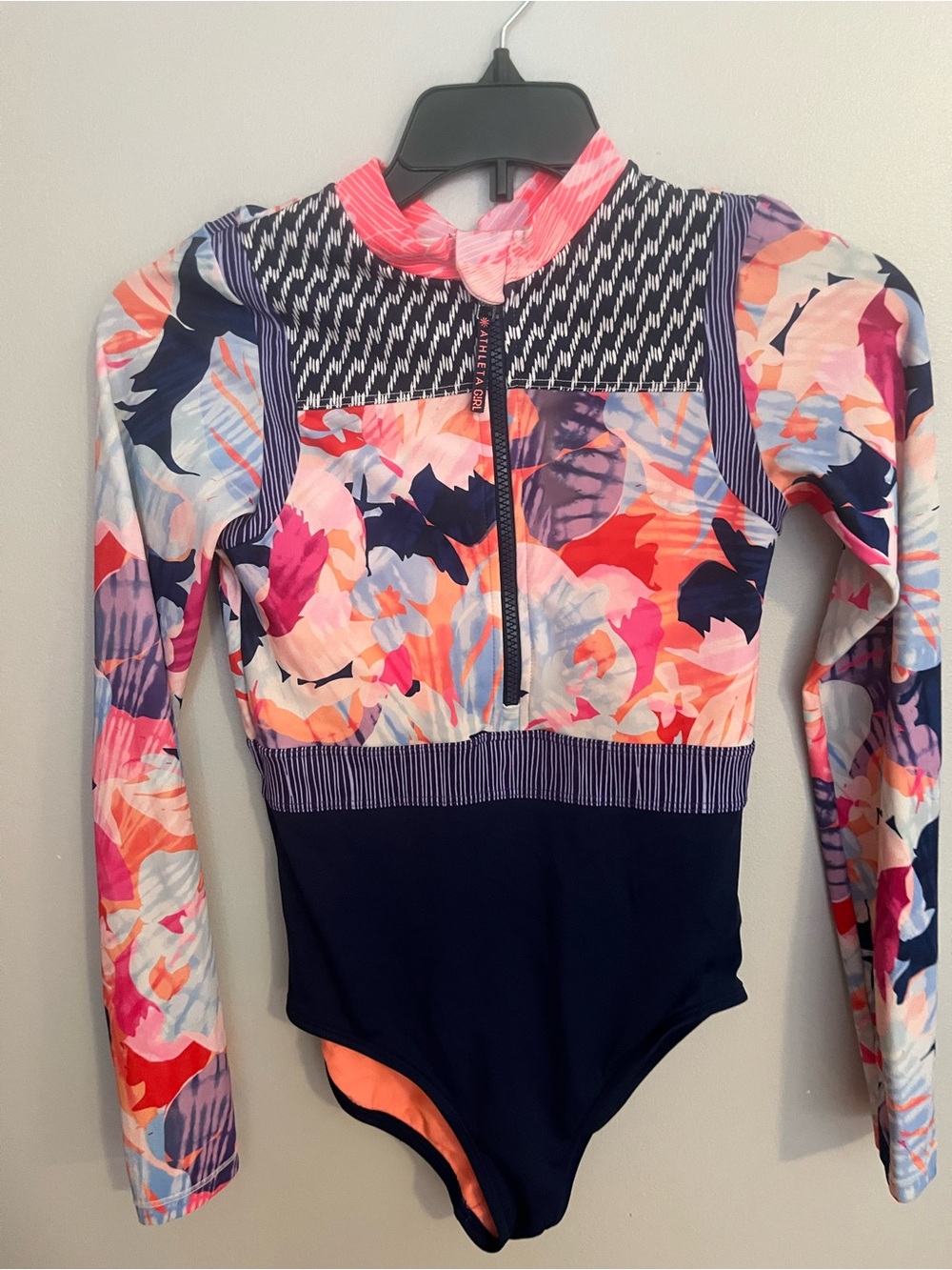Athleta Girls Long-Sleeve Floral Zip‎ One-Piece - Pink, Navy & Coral